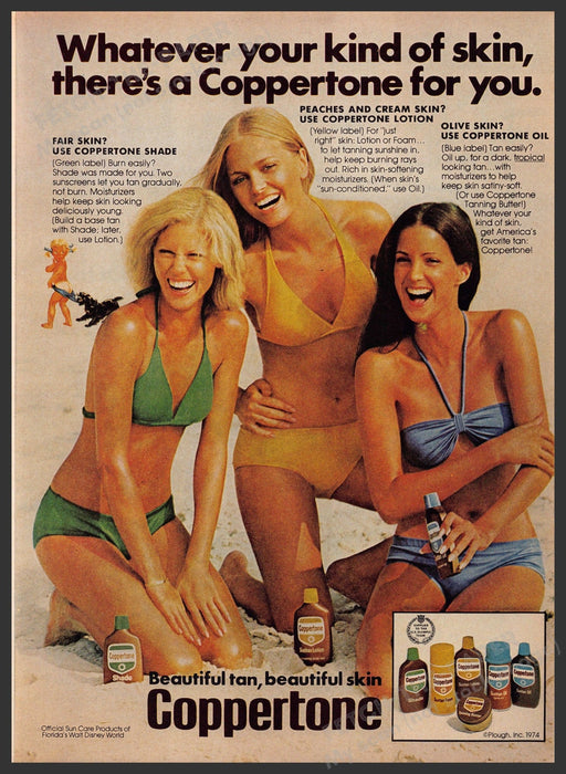 Coppertone 1970s Print Advertisement 1976 Girls Beach Legs Sand Bikinis Fetch-the-Paper