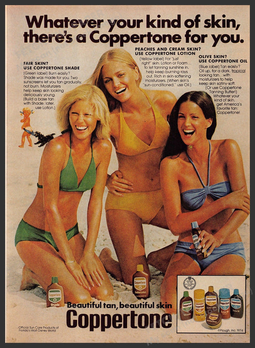 Coppertone 1970s Print Advertisement 1976 Girls Beach Legs Sand Bikinis Fetch-the-Paper