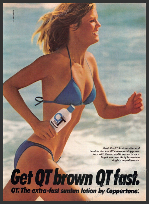 Coppertone 1980s Magazine Print Advertisement 1981 QT Bikini Running Beach Fetch-the-Paper