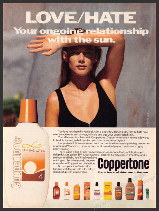 Coppertone 1980s Magazine Print Advertisement 1987 Love / Hate Sunscreen Coppertone