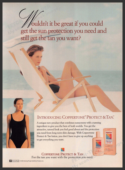 Coppertone Protect & Tan 1990s Print Advertisement 1995 Sun Beach Chair Legs Coppertone