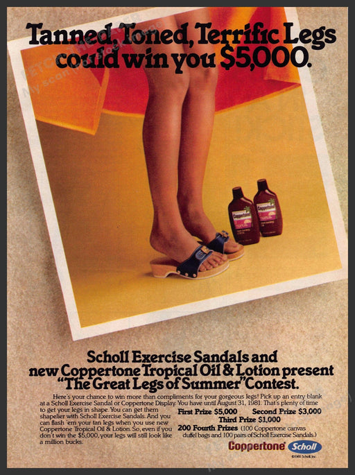 Coppertone & Scholl 1980s Print Advertisement 1981 "Great legs of summer" Coppertone