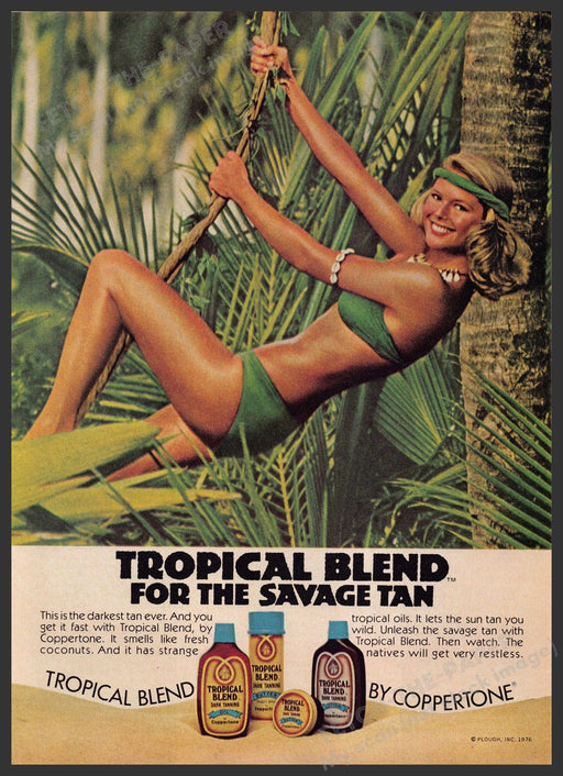 Coppertone Tropical 1970s Print Ad 1976 Jungle Christie Brinkley Rope Savage Coppertone