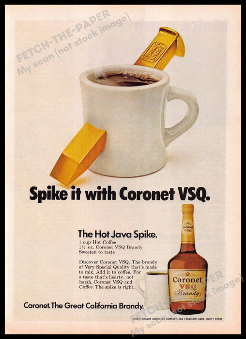 Coronet VSQ Brandy 1970s Print Advertisement 1977 Gold Hat Java Coffee Spike Coronet VSQ Brandy