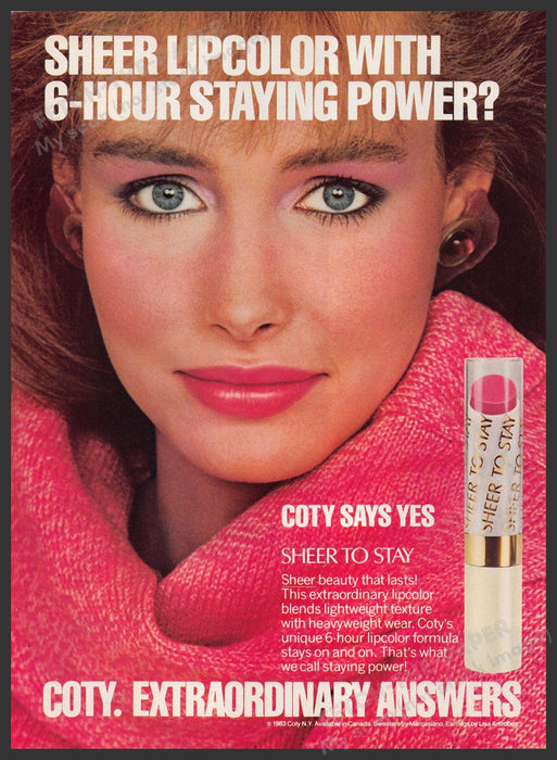 Coty 1980s Magazine Print Advertisement 1984 Sheer to Stay Lips Face Power Coty