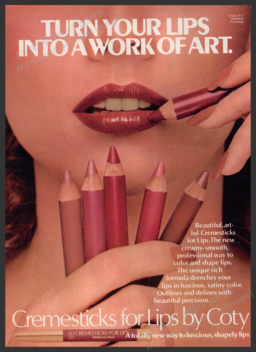 Coty Cremesticks 1970s Print Advertisement 1979 Lips "Work of Art" Coty
