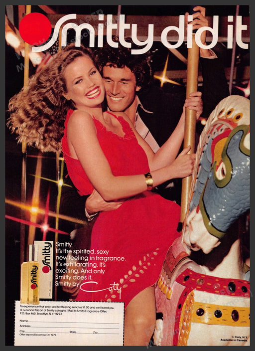 Coty Smitty 1970s Print Advertisement 1979 Couple Legs Carousel Horse Coty