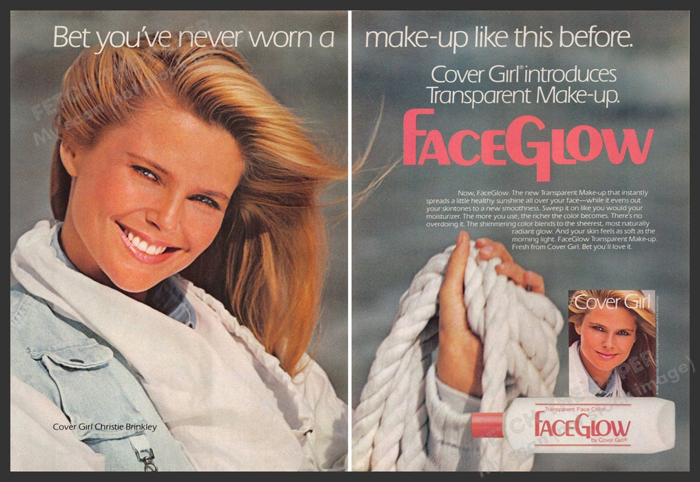 Cover Girl 1980s Print Ad (2 pg) 1984 Christie Brinkley Face Glow (Not product) Cover Girl
