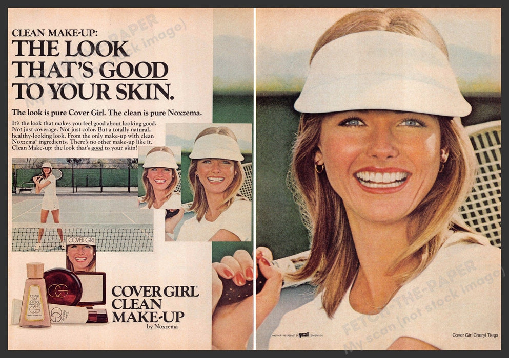 Cover Girl Cheryl Tiegs 1970s Print Advertisement (2 page) 1977 Playing Tennis Fetch-the-Paper