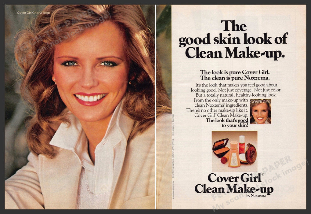 Cover Girl Cheryl Tiegs 1980s Print Advertisement (2 pgs) 1981 Noxzema Cover Girl