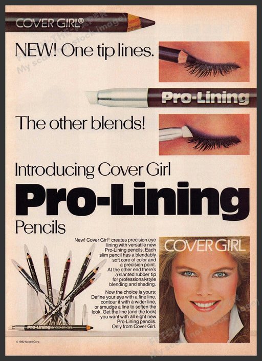 Cover Girl Christie Brinkley 1980s Print Advertisement 1982 Pro-lining Pencil Fetch-the-Paper