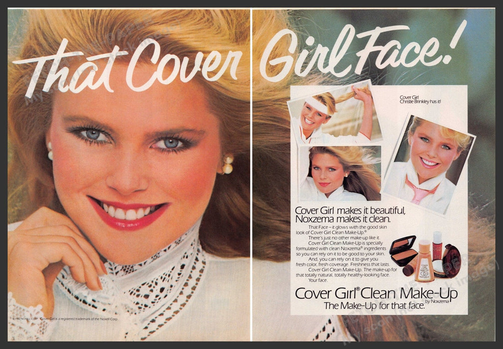Cover Girl Christie Brinkley 1980s Print Advertisement (2 pg) 1982 Clean Makeup Cover Girl