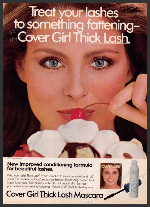 Cover Girl Thick Lash 1970s Print Advertisement 1979 Ice Cream Sundae Cherry Cover Girl