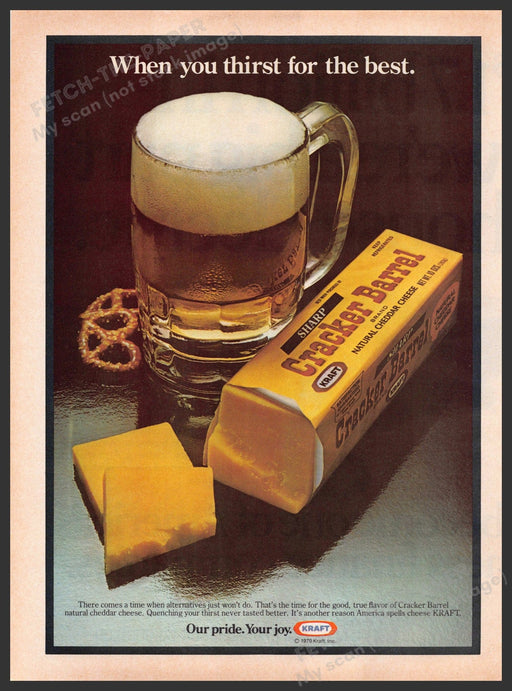Cracker Barrel Cheese 1970s Print Advertisement 1979 Kraft with Beer Mug Cracker Barrel