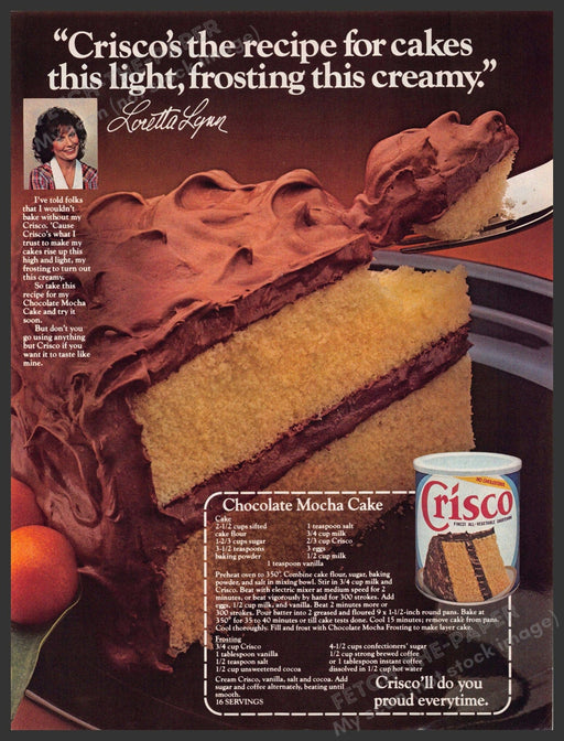 Crisco 1980s Magazine Print Advertisement 1985 Loretta Lyn "Mocha Cake" Recipe Crisco