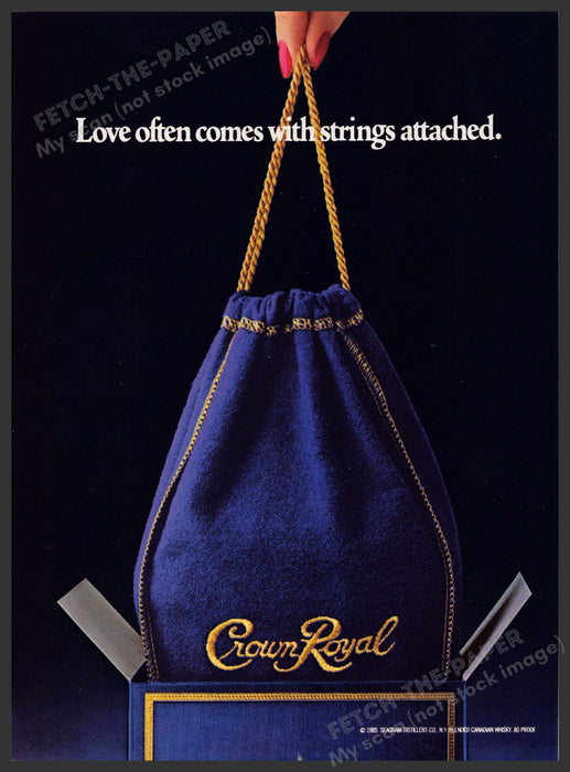 Crown Royal 1980s Print Advertisement 1986 "Love comes with strings attached" Fetch-the-Paper