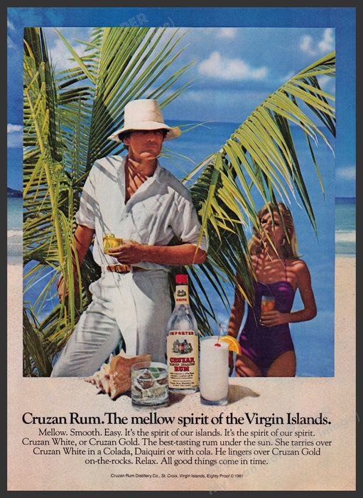 Cruzan Rum 1980s Print Advertisement 1982 Mellow Spirit of the Virgin Islands Fetch-the-Paper