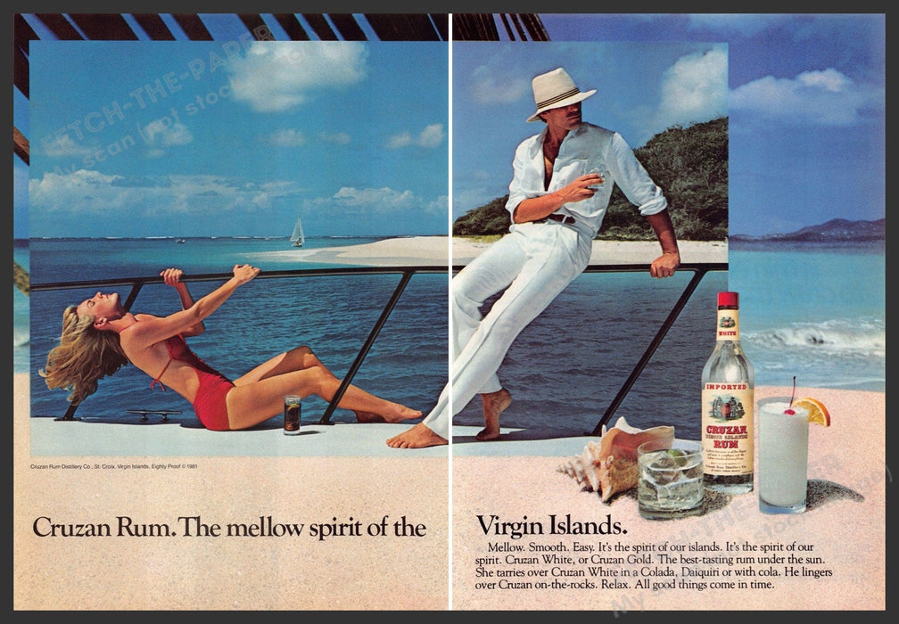 Cruzan Rum 1980s Print Advertisement (2 page) 1982 Couple on the Beach Fetch-the-Paper