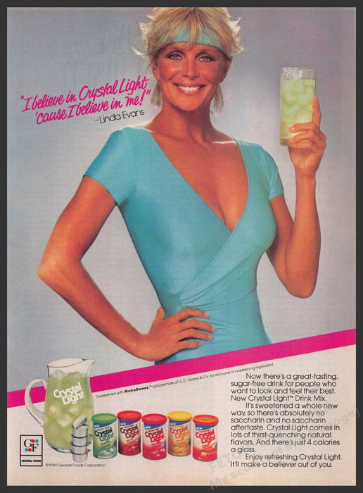 Crystal Light Linda Evans 1980s Print Advertisement 1984 Leotard Workout Drink Fetch-the-Paper