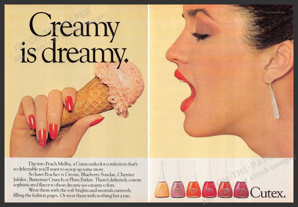 Cutex 1980s Magazine Print Ad (2 pages) 1981 "Creamy is dreamy" Ice Cream Cone Fetch-the-Paper