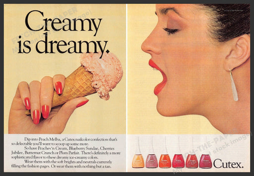 Cutex 1980s Magazine Print Ad (2 pages) 1981 "Creamy is dreamy" Ice Cream Cone Fetch-the-Paper