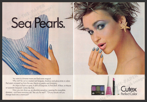 Cutex Cosmetics 1980s Print Advertisement (2 pg Centerfold) 1986 Lips Nails Fetch-the-Paper