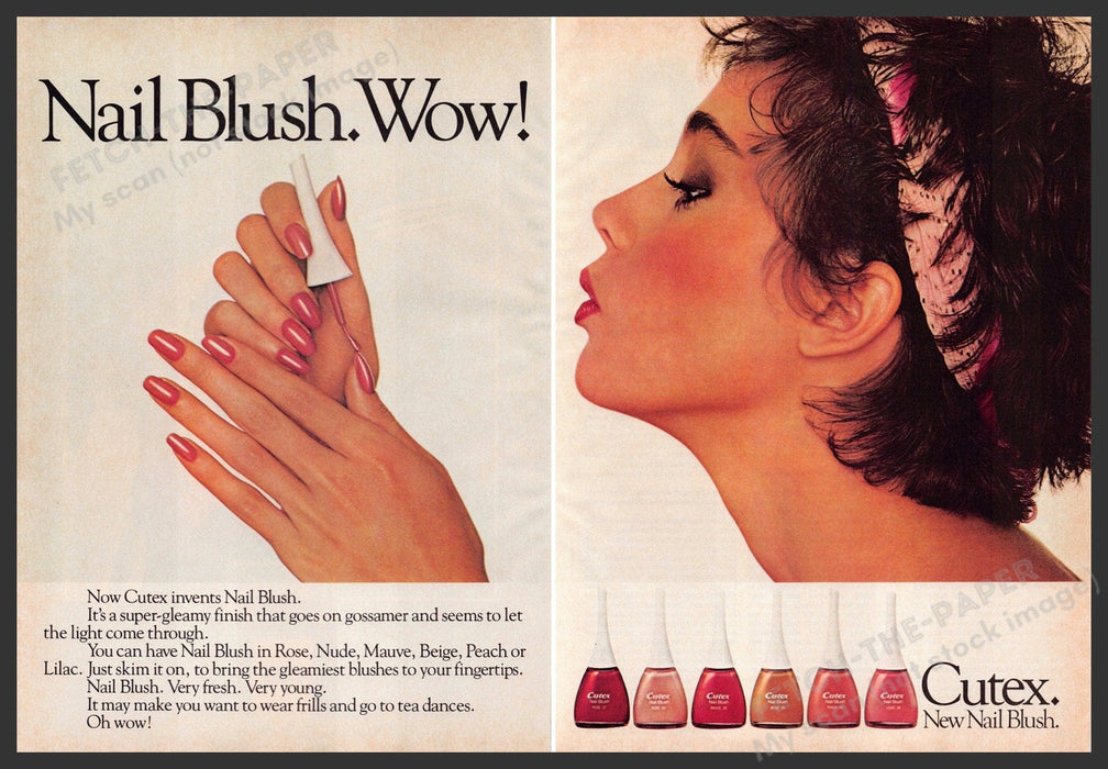 Cutex Nail Blush 1980s Print Advertisement (2 pages) 1982 Blowing on Nails Cutex