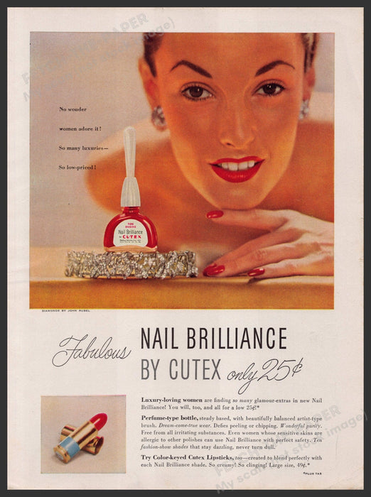 Cutex Nail Brilliance 1940s Print Advertisement Ad 1948 Color Fetch-the-Paper