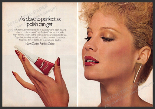 Cutex Perfect Color 1980s Print Advertisement (2 page) 1982 Nails Cute Model Fetch-the-Paper