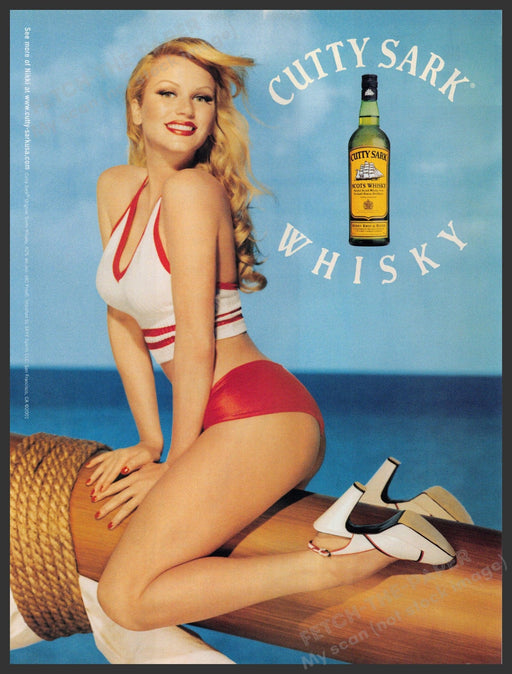 Cutty Sark Whisky  2000s Print Advertisement 2001 Pinup Straddling Boat Mast Fetch-the-Paper
