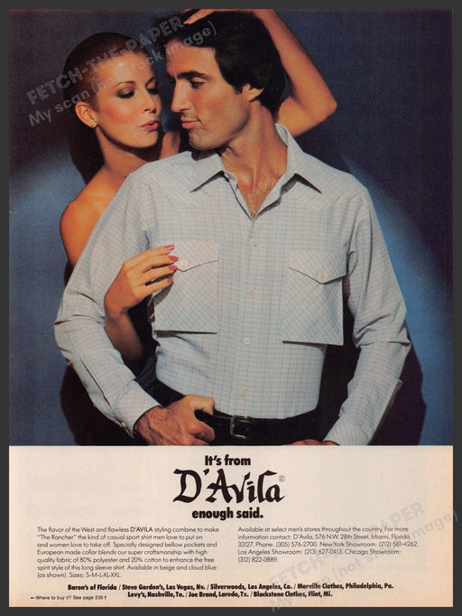 D'Avila "The Rancher" Men's Shirt 1970s Print Advertisement 1979 Fetch-the-Paper