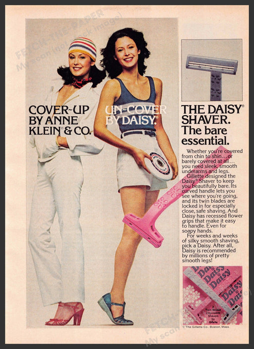 Daisy & Anne Klein 1970s Print Advertisement 1977 Legs Shaver Bare Essential Fetch-the-Paper