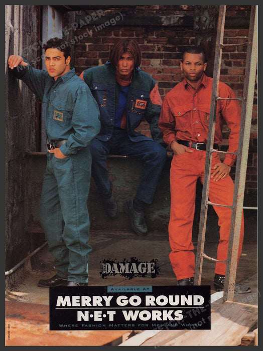 Damage N-E-T Works Clothing 1990s Print Advertisement Ad 1992 Merry Go Round Fetch-the-Paper