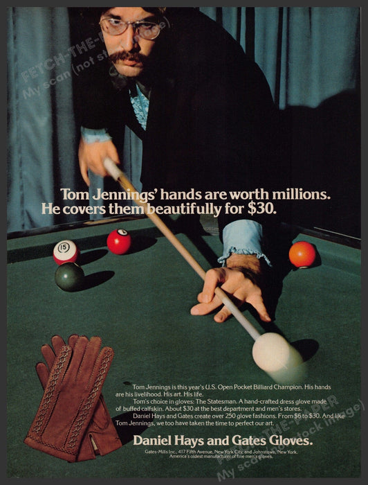 Daniel Hays & Gates Gloves Tom Jennings Billiard 1970s Print Advertisement 1977 Fetch-the-Paper