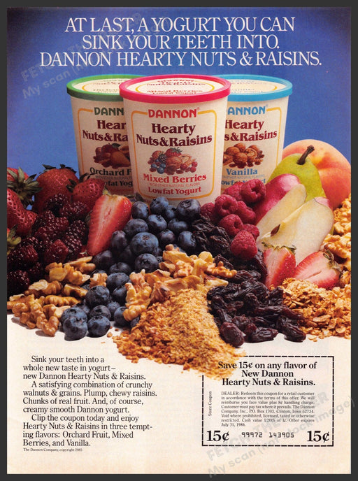 Dannon 1980s Print Advertisement Ad 1985 Hearty Nuts & Raisins Yogurt Dannon