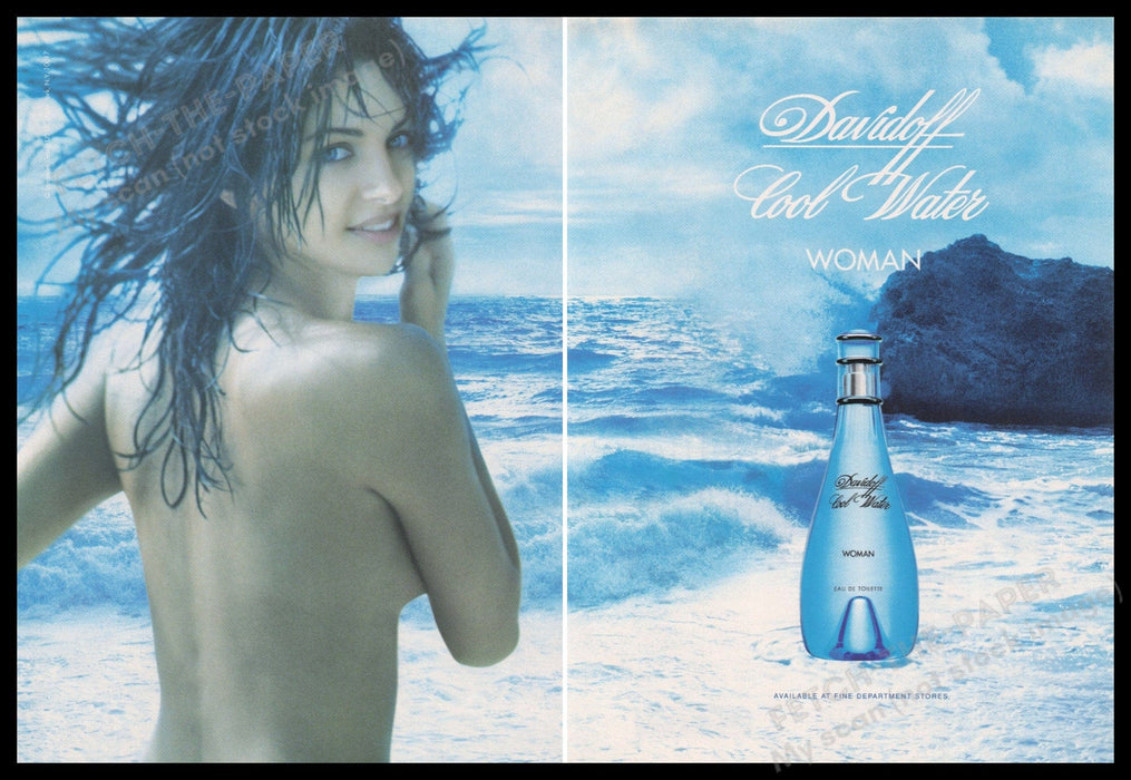 Davidoff Cool Water Woman 1990s Print Advertisement (2 pages) 1997 Blue Eyes Fetch the Paper!