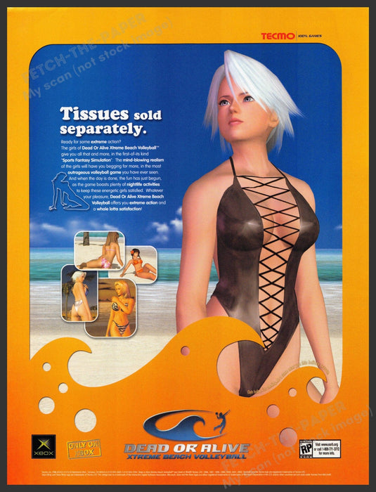 Dead or Alive 2000s Video Game Print Advertisement 2002 Tissues Sold Separately Fetch-the-Paper