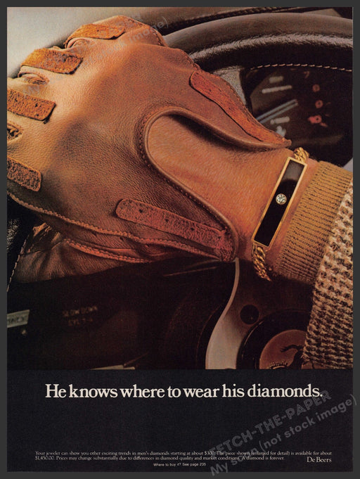 DeBeers ID Bracelet Men's Jewelry 1970s Print Advertisement 1979 Driving Fetch-the-Paper