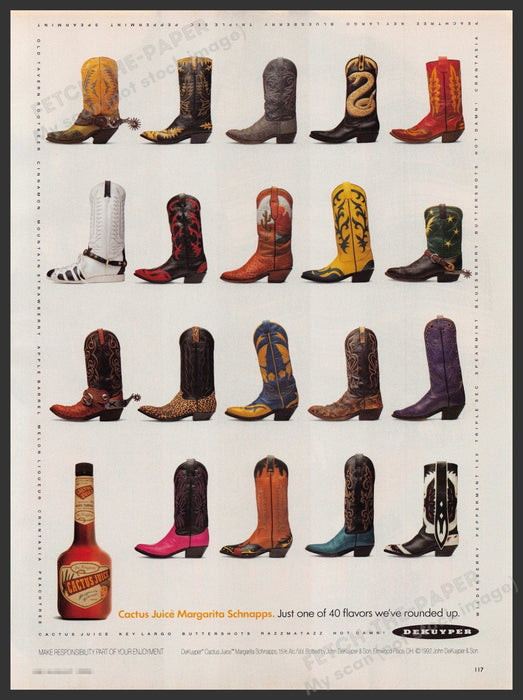 Dekuyper Cactus Juice Schnapps 1990s Print Advertisement Ad 1992 Cowboy Boots Fetch-the-Paper