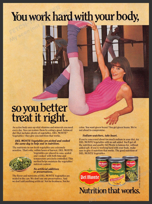 Del Monte 1980s Magazine Print Advertisement 1985 Active Body Legs Aerobics Del Monte