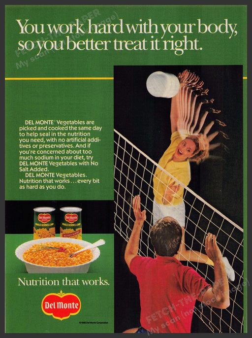 Del Monte 1980s Magazine Print Advertisement 1986 Corn Couple Volleyball Del Monte