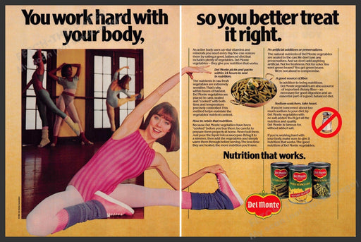 Del Monte 1980s Magazine Print Advertisement (2 pages) 1985 Aerobics Legs Del Monte