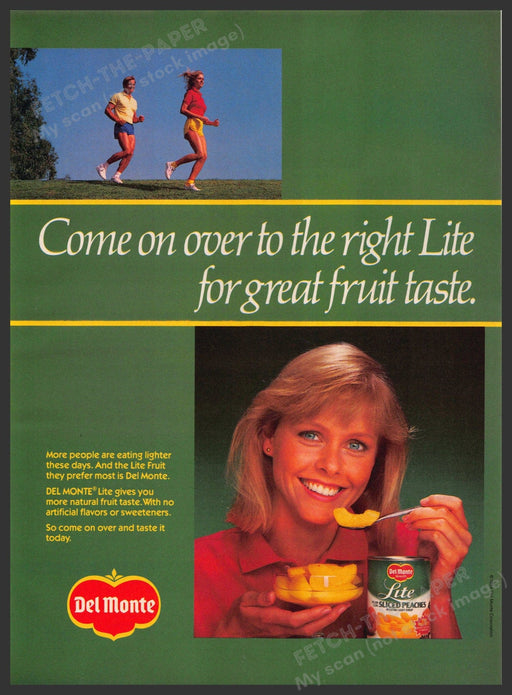 Del Monte Peaches 1980s Print Advertisement 1984 Lite Running Couple Fetch-the-Paper