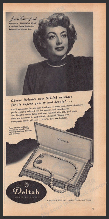Deltah Jewelry Gilda Necklace Joan Crawford 1940s Print Advertisement Ad 1949 Fetch-the-Paper