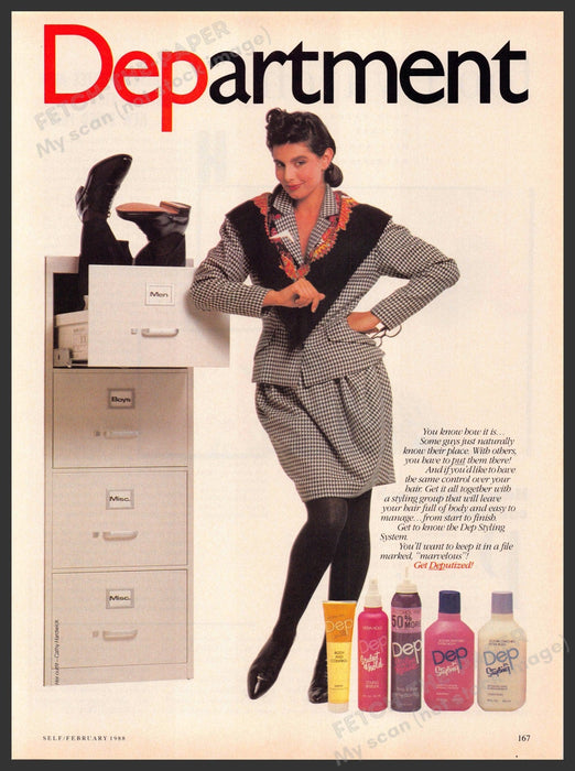 Dep 1980s Magazine Print Advertisement 1988 "Department" Legs Filing Cabinet Fetch-the-Paper