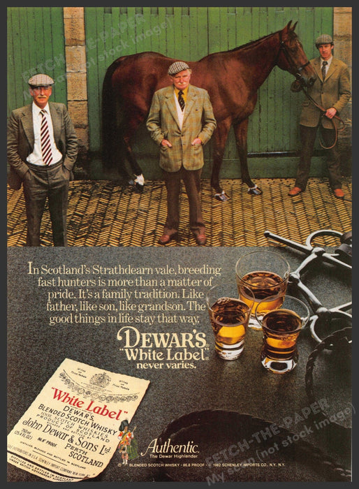 Dewar's White Label 1980s Print Advertisement 1982 Strathdearn Vale Horse Fetch-the-Paper
