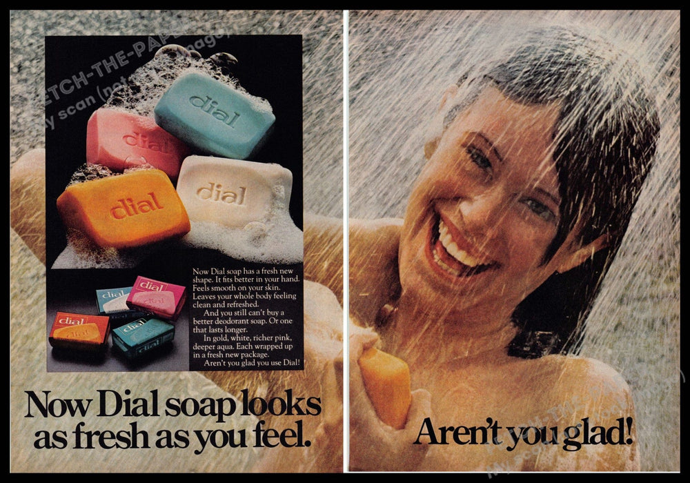 Dial soap 1970s Print Ad (2 pages) 1977 Showering "As fresh as you feel" Dial Soap