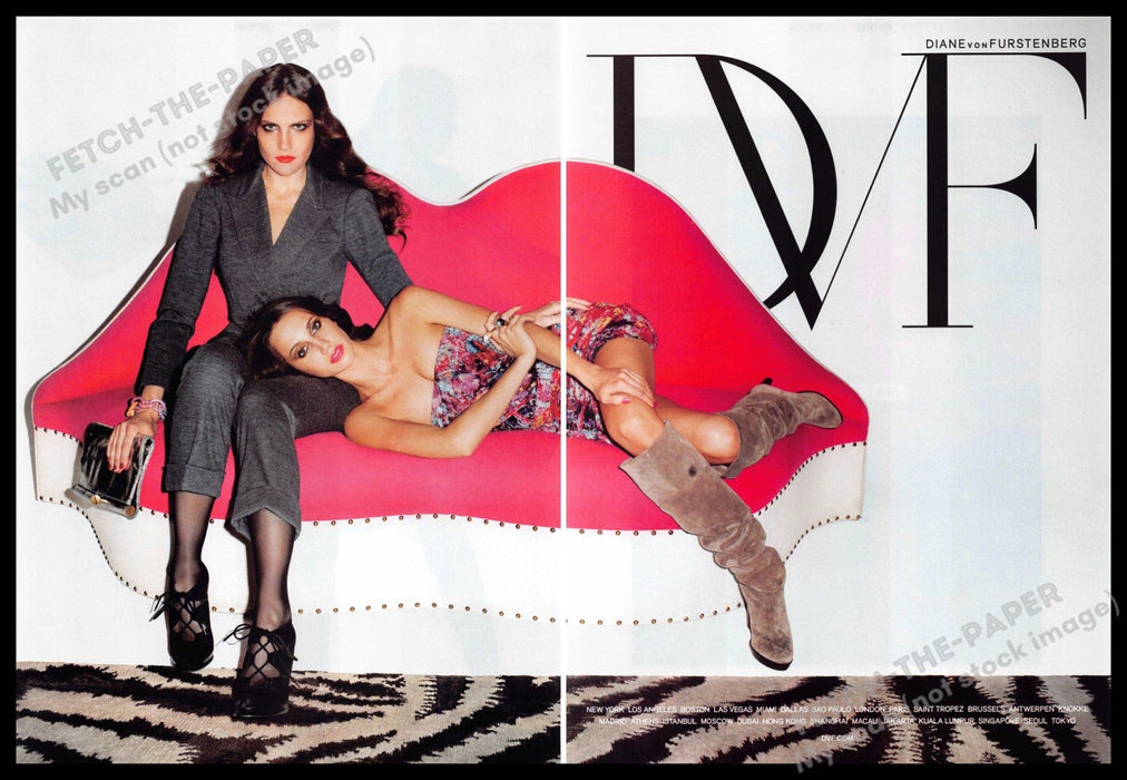 Diane von Furstenberg 2010s Print Ad (2 pgs) 2010 Legs Friends Lip Couch Fetch-the-Paper