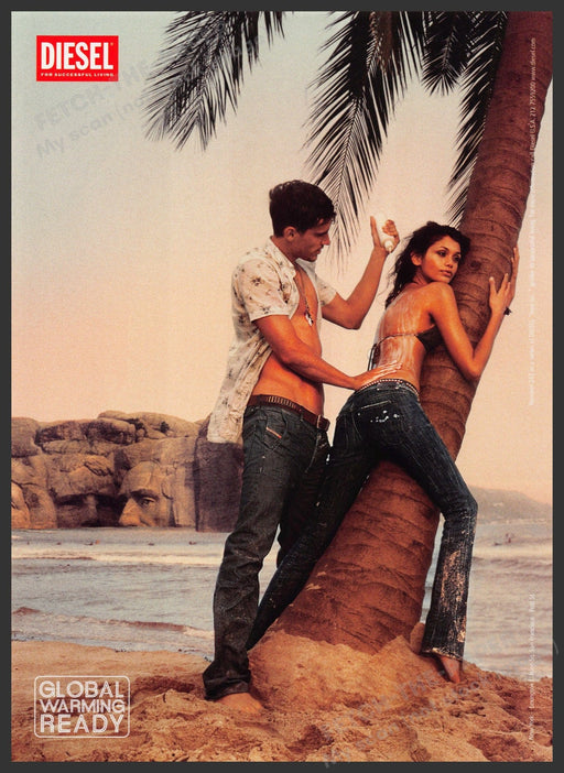 Diesel Clothing 2000s Print Advertisement 2007 Global Warming Ready Couple Beach Fetch-the-Paper