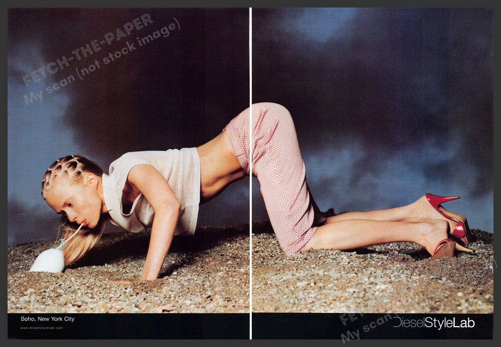 Diesel Style Lab 1990s Print Ad (2 page) 1999 Model Legs Drinking Milk Straw Fetch-the-Paper